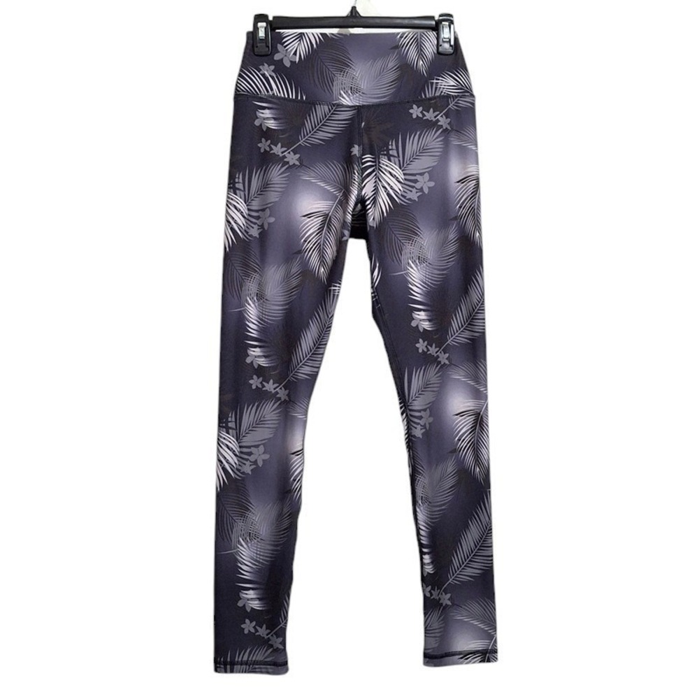 Scorpio Sol Women Leggings M Black Gray Tropical Palm Print High Rise Yoga Gym